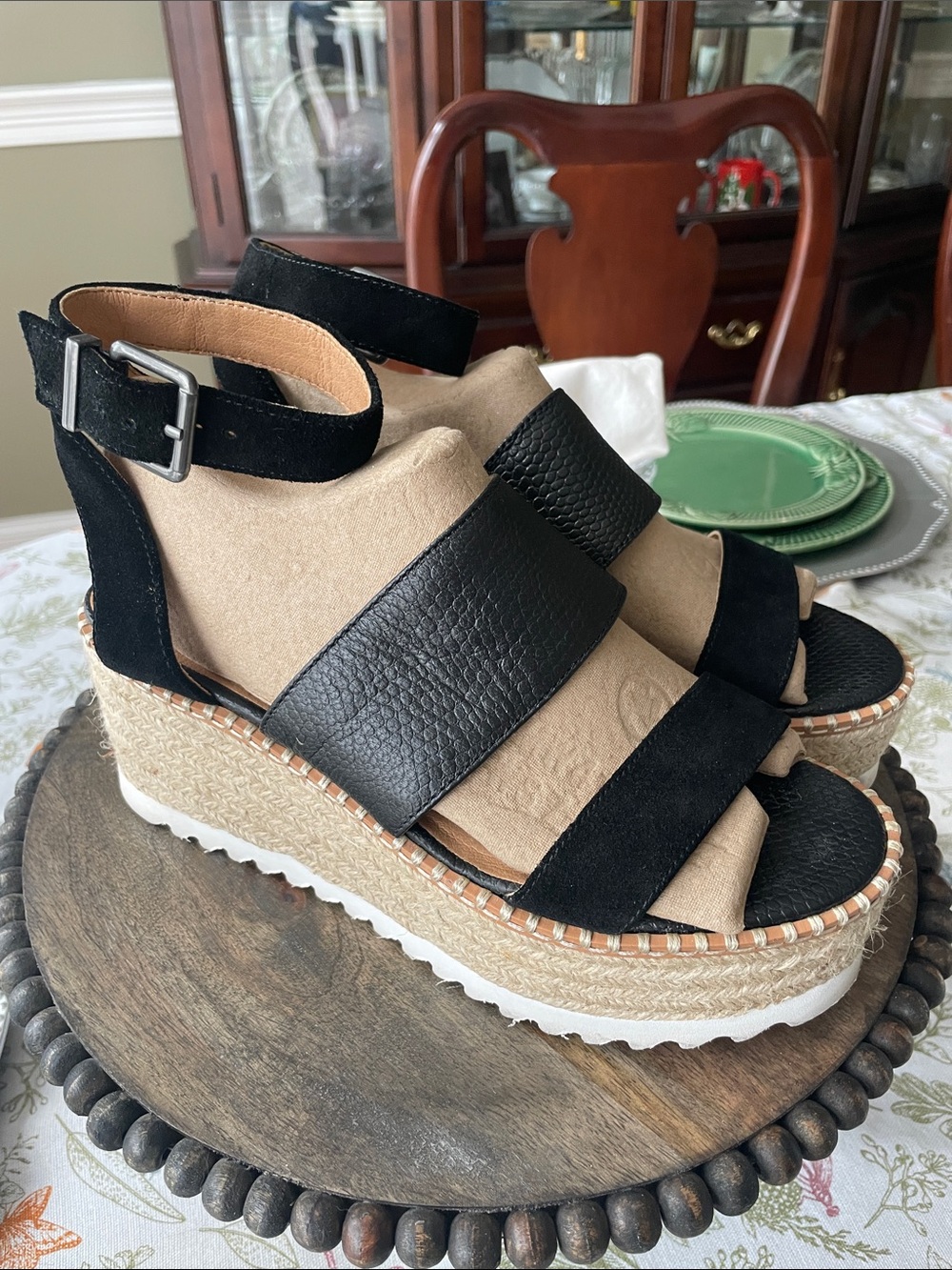 Crown Vintage Daylen Black Espadrille Wedge Ankle Strap Leather Sandal Size 7M